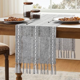 Luzzxfa Tassels Table Runner Grey Boho Decoration Vintage Farmhouse Style Cotton Linen Table Runner Modern Home Decor Washable Table Decoration Party Birthday Valentine's Day Wedding 33 x 143 cm