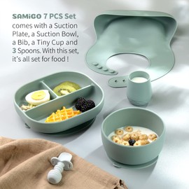 SAMiGO Silicone Baby Feeding Set, Suction Plate Bowl Set, Self Feeding Spoons, Bib, Cup, Baby Led Weaning Supplies, First Stage Feeding Essentials, Food Eating Utensils, 6+ Months