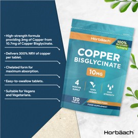 Copper Bisglycinate 10mg | Chelated Form | High Strength Copper Supplement | 120 Vegan Tablets | by Horbaach