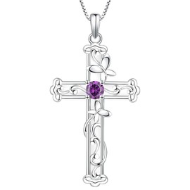 YL Butterfly Cross Necklace Sterling Silver Leaves Pendant Created Amethyst Crucifix Jewelry
