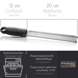 Winzbacher® Premium Zester / Grater, Parmesan / Lemon / Nutmeg / Ginger Grater and Much More Razor-Sharp Stainless Steel Blade, Dishwasher-Safe, Incl. Protection & Cleaning Brush