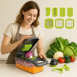 AndMash Vegetable Chopper and Slicer Set, 14-in-1 Multifunctional Food Dicer with Container, Multi-Blade Kitchen Mandoline, Green