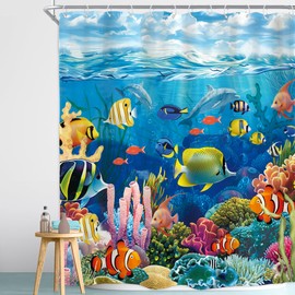 Homewelle Fish Tropical Ocean Kids Shower Curtain Funny Under Water Colorful World Coral Blue Clown Fish Animal 60Wx72H Inch for Boys Kids Children Waterproof Polyester Fabric Bathroom Bathtub
