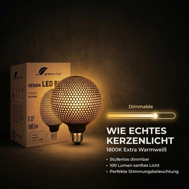 greenandco Vintage Design LED Lamp Black Patterned Hexagons Dimmable E27