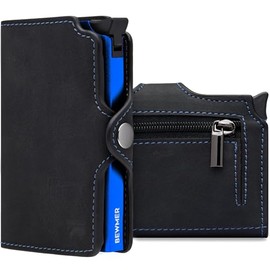 BEWMER Card Holder 1 for Men and Women, Small Wallet with RFID Protection and Carbon Fibre Clip for Storing Banknotes, Neroelettricoblu, Con Zip, Minimalism