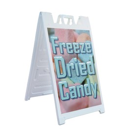 Freeze Dried Candy 24" x 36" Double Sided A-Frame Sidewalk Sign Includes 2 Installed Decals Foldable Portable White Signicade Sandwich Board Sweet Treats Unique Snacks Retail Promotions Made in USA