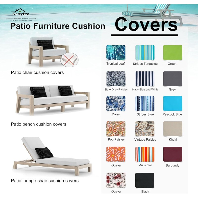 NettyPro Outdoor Cushion Cover Waterproof Patio Chair Seat Cushion Slip