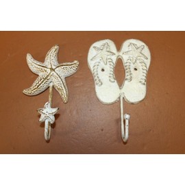 Salty Pelican Coastal Farmhouse Bath Towel Hooks Set, Distressed Cast Iron, Coastal Reef