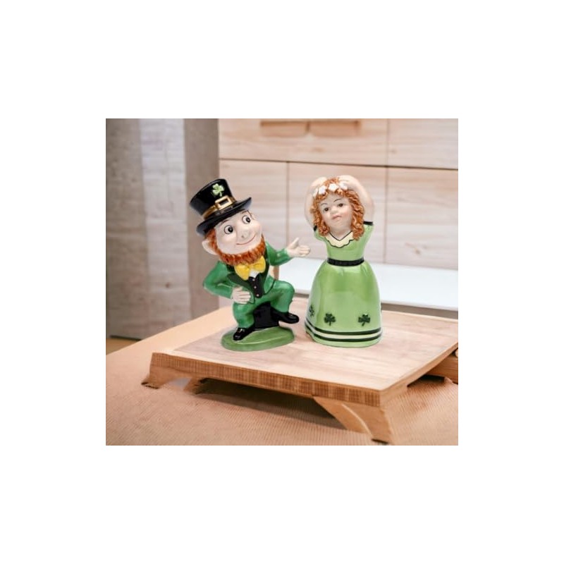 Fine Ceramic Irish Dancing Leprechaun and Girl Salt & Pepper