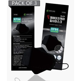 [3 Pack] Black Disposable KF94 Face Masks, Individual Pack, made in Korea, Disposable Face Mask, Nose Mouth Covering Dust Face Mask, Adjustable Strap, Unisex Adult, 3D Ergonomic Design.