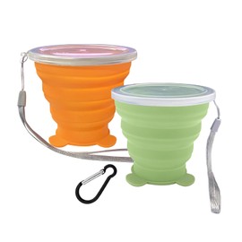 2 Pcs Collapsible Cup, Silicone Collapsible Travel Cup, Expandable Folding Camping Drinking Cup with Lids Reusable Small Portable Mugs Cup for Travel, Camping, Hiking,Outdoor Sports (Orange&Green)