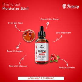 KANZY HAIR AND BEAUTY Kanzy Rosehip Oil for Face 120ml Rosehip Oil Organic Cold Pressed Rose Hip Oil for Face 100% Pure Vegan Cruelty Free for Skin, Hair, Nails, and Body for Nourishment, Dryness, Fine lines and Scars