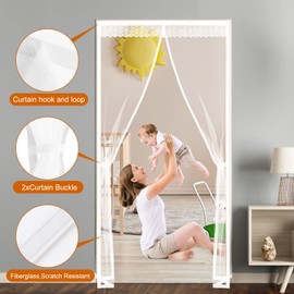 Fiberglass Magnetic Screen Door, Anti Mosquito Mesh Fly Curtain with Full Frame Hook&Loop Easy to Install Fiberglass Mesh Curtain Anti Mosquito (90x210 cm, White)