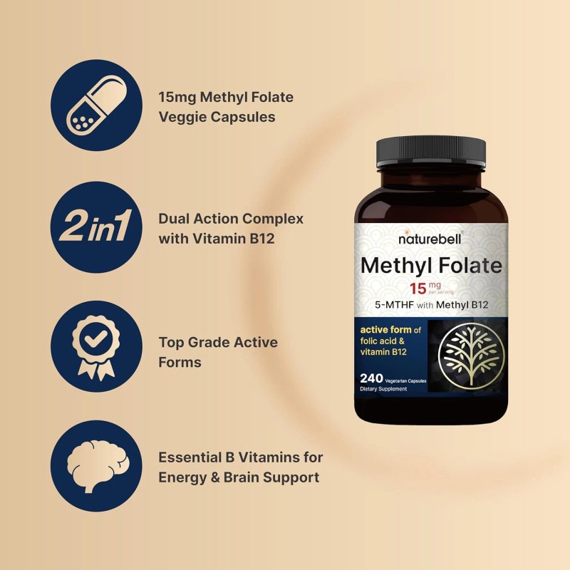 Naturebell L-Methylfolate 15Mg with Methyl B12, 240 Veggie Capsules, 5-MTHF