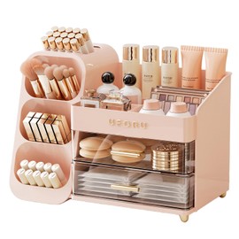 UFORU Makeup Organizer for Vanity with Brush Holder, Large Plastic Bathroom Countertop Skincare Organizer with 2 Drawers, Spacious Cosmetic Display Case for Perfumes, Eyeshadow Palettes, Nail Polishes