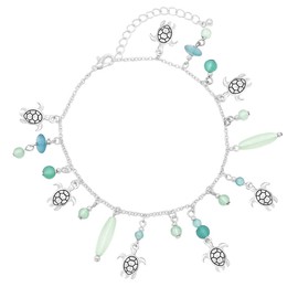 Rosemarie & Jubalee Women's Sea Glass And Multiple Charms Ankle Bracelet Anklet, 9"+2" Extension (Green Sea Glass Turtle Charms)