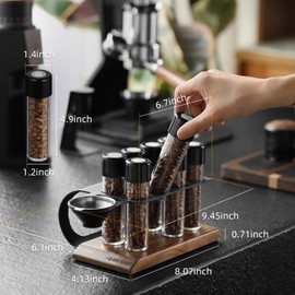 MHW-3BOMBER Single Dose Coffee Bean Storage Tubes, 8 pcs, Coffee Bean Cellars with One-Way Exhaust Valve,Espresso Dosing Vials with Walnut Stand & Hopper, C5152-OS