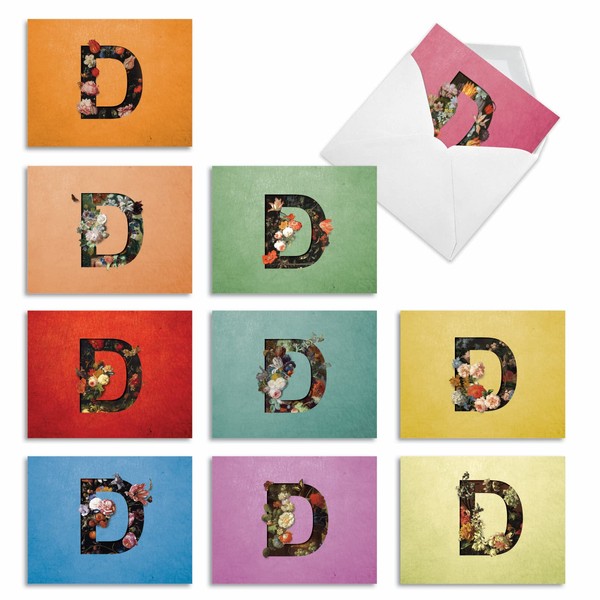 M3850OCB BAROQUE BLOOMS D: 10 Assorted Blank All-Occasion Note Cards Featuring Beautiful Baroque Styled Floral Monogrammed Images of the Letter D, w/White Envelopes