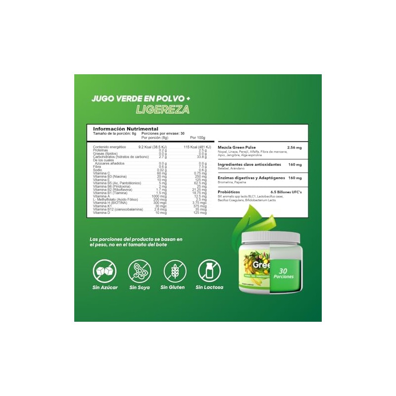 GreenPulse Performance Super Greens Jugo Verde en Polvo Sin Azúcar