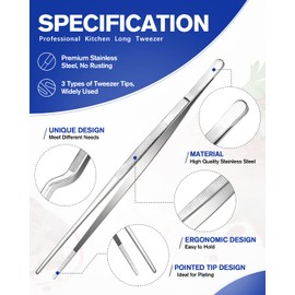 Fine Cooking Tweezers Set, Professional Stainless Steel Food Tongs, Kitchen Black Long Chef Tweezer for Cooking, Plating, Decorating and BBQ (SILVER, 12 inch)