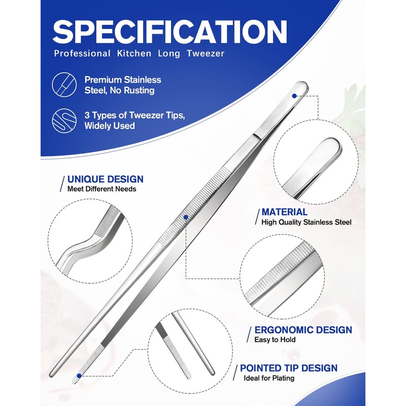 Fine Cooking Tweezers Set, Professional Stainless Steel Food Tongs, Kitchen