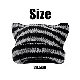 JTMKYO 1 Striped Cat Ear Hat, Crochet Hat for Women, Soft, Casual Striped Hat, Warm Cat Ear Hat, Warm Winter Hat, Women's Hat, Plush Knitted Hat (Black Grey), Black / Grey