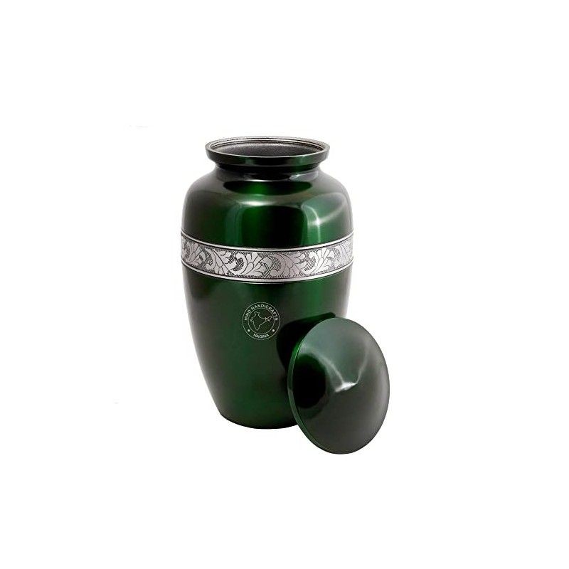 Silver Engraved Cremation Urn for Human Ashes | Green Aluminum