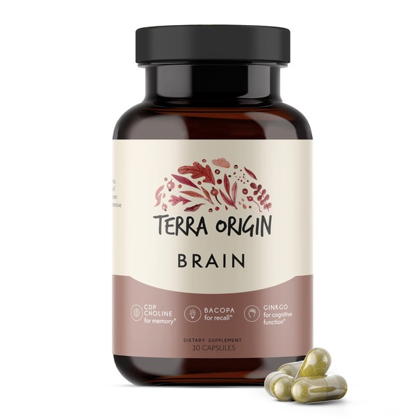 Terra Origin, Healthy Brain Supplement, Capsules, 30 Servings, with CDP Choline, Ginkgo Biloba Extract, and Bacopa - for Healthy Mind, Improves Memory, Recall and Function