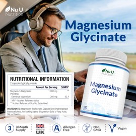 Nu U Nutrition Magnesium Glycinate Supplements 1000mg (Bisglycinate) - 180 High Strength Vegan Capsules - 3 Month Supply - Providing 200mg of Elemental Magnesium - Made in The UK - Nu U Nutrition