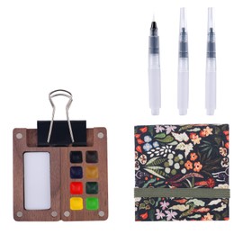 6st Mini Reise Set, Mini Aquarellfarben Set 8 Fächer aus Holz Tragbar Tragbare Aquarell Palette & Skizzenbuch & Clip & Marker für Maler- und Künstlerschüler