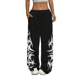 ZAFUL Womens Wide Leg Sweatpants Y2K Gothic Graffiti High Waisted Lounge Pants Athletic Joggers Pants with Pockets 1-Black L
