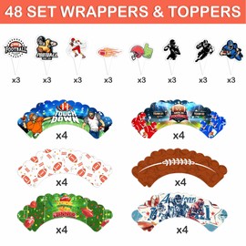 48PCS Football Themed Birthday Party Decorations | 24PCS Cupcake Toppers 24PCS Cupcake Liners Wrappers Party Favors Supplies Rugby Sports Centerpiece Table Gifts for Boys Girls Carnival Prizes