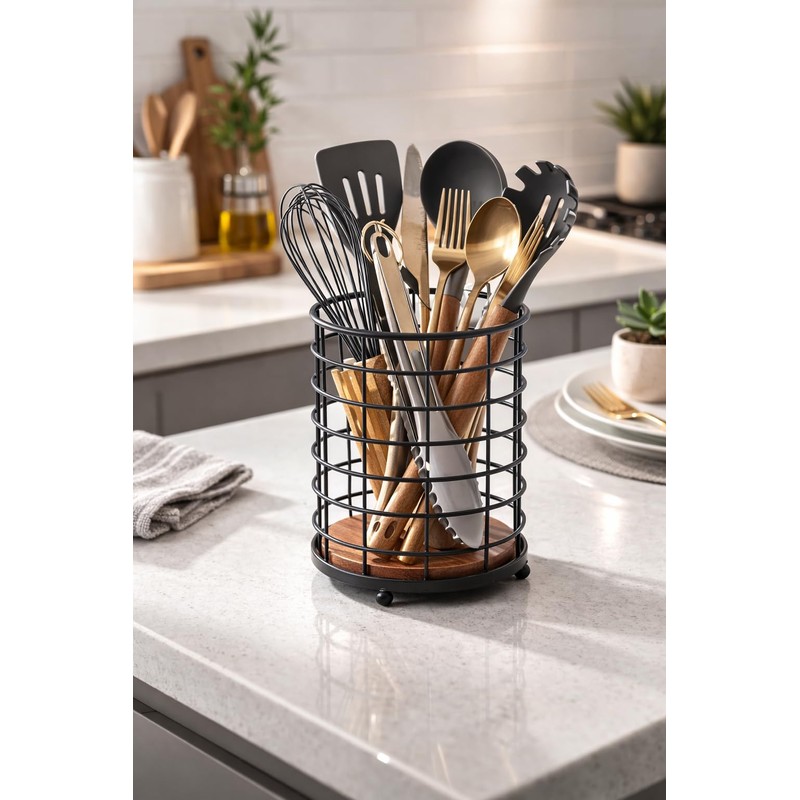 Eden & Willow Rustic Metal Cutlery Holder Basket with Wooden