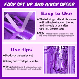 3 Pack 29 x108 Inch Purple Foil Fringe Table Skirts Metallic Banner for Tinsel Streamer Garland Backdrop for Parade Floats Mother's Day, Graduate, Birthday, Wedding Party Decoration