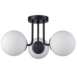 SHAWNKEY 3-Light Modern Black Metal Semi Flush Mount Ceiling Light with White Globe Glass Shade Ceiling Mount Light Fixture for Hallway Living Room Sputnik Chandelier Lighting