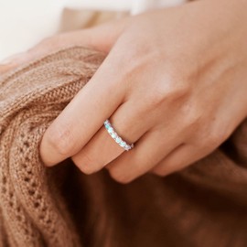 CAIDIKA Silver Opal Ring 925 Sterling Silver Stackable Wedding Band Simulated Opal October Birthstone Ring 7 Stone Half Eternity Band Rings for Women, Size 10