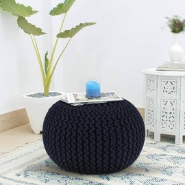 RIANGI Round Ottoman Pouf Footrest, Pouf Ottoman for Living Room, Boho Knit Cotton Poofy Ottoman, Pouf Ottoman Foot Rest Ideal for Bedroom Sitting, Farmhouse Couch Poufs for Living Room - Navy