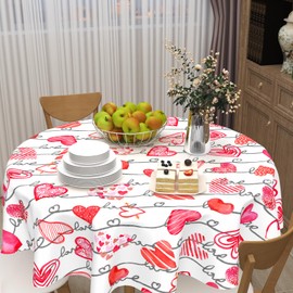 Valentine Tablecloth Round 60 Inch Red Pink White Love Heart Table Cloth Washable Valentine's Day Table Cover for Dining Kitchen Holiday Party Picnic Wedding Indoor Outdoor Home Decor