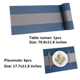 Placemats with Table Runner Set Place Mats, Woven Crossweave Placemat Vinyl Kitchen Tablemat, Washable PVC Table Mats for Dining Table, Parties, Farmhouse, Thanksgiving, Christmas & Gathering (Blue C)