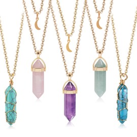 iewrtcin Pack of 5 Hexagonal Crystal Pendants with Chains - Stones Hexagon Pendant Necklace Crystals Chain Colourful Healing Crystals Chakra for Men and Women, Crystal, Amethyst