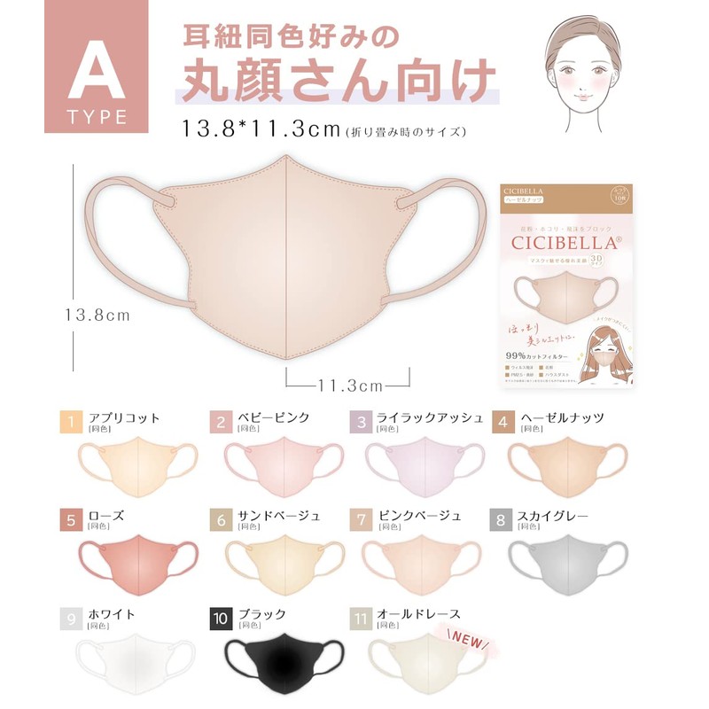 CICIBELLA 3D Sculpted Mask, 20 Pieces, Non-Woven Fabric, Pollen and