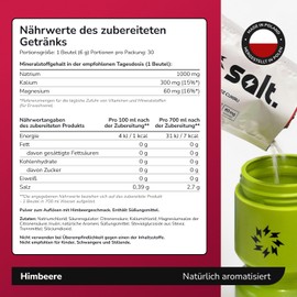 Electrolytes without sugar, drink powder, 30 sticks, raspberry, 1000 mg sodium, 300 mg potassium, 60 mg magnesium, electrolytes sports and fitness, endurance, keto and low carb, vegan, made in Europe
