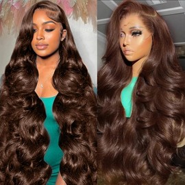 UYGLJK 34 Inch Chocolate Brown Lace Front Wig Human Hair 200 Density HD Transparent Pre Plucked With Baby Hair Colored Body Wave Brown Wig Human Hair