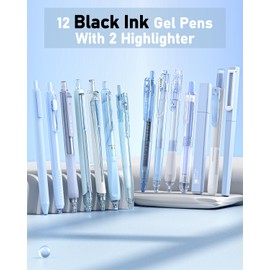 Four Candies Gel Ink Pen Set, 14 Pieces Pen Set with Case, Cute Notes, 0.5mm Fine Point, Retractable 12 Black Ink Pens with 2 Highlighters (Blue)