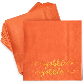BLUE PANDA Gobble Gobble Cocktail Napkins - 5 x 5 In, Orange, Pack of 50, 3-Ply - Decorative Turkey Napkins for Party Table Decor & Cocktail Party