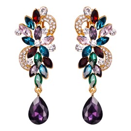Clearine Women's Clip-On Earrings Bohemian Crystal Flower Wedding Bridal Drop Long Screw Clip On Earrings Gold Tone Colourful, Crystal Alloy Steel, Cubic Zirconia