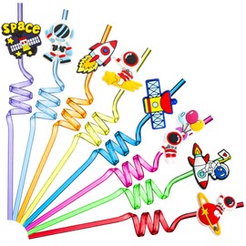 24 Pieces Outer Space Straws Reusable Solar System Plastic Straws Rocket Spaceship Astronaut Satellite Planet Outer Space Party Supplies Decorations for Boys Kids Birthday Parties 8 Styles, 8 Colors