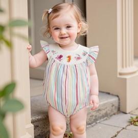 Newborn Baby Girl Outfit Octopus/Crab/Seahorse Stripe Sleeveless Smocked Bubble Romper Infant Bodysuit Summer Clothes (Multicolor, 0-3 Months)