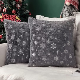 MIULEE Pack of 2 Christmas Cushion Covers Faux Fur Throw Pillow Cover Fluffy Soft Decorative with Snow Patterns Square Pillow Covers Plush Case for Sofa Bedroom 18 x 18 Inches 45 x 45 cm Grey