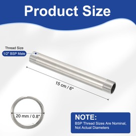 PATIKIL 304 Stainless Steel Pipe Fitting, 1 Pack 1/2" BSP Male x 1/2" BSP Male Threaded 6" Length Nipple Cast Pipe for Extending Piping, Silver